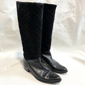 Te Casan knee high boots 39 8.5 9 womens black quilted suede leather block heel